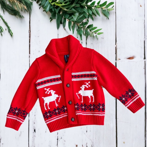 Janie and Jack Size 12-18 Months Fair Isle Reindeer Cardigan Bradbury Red - Picture 2 of 11